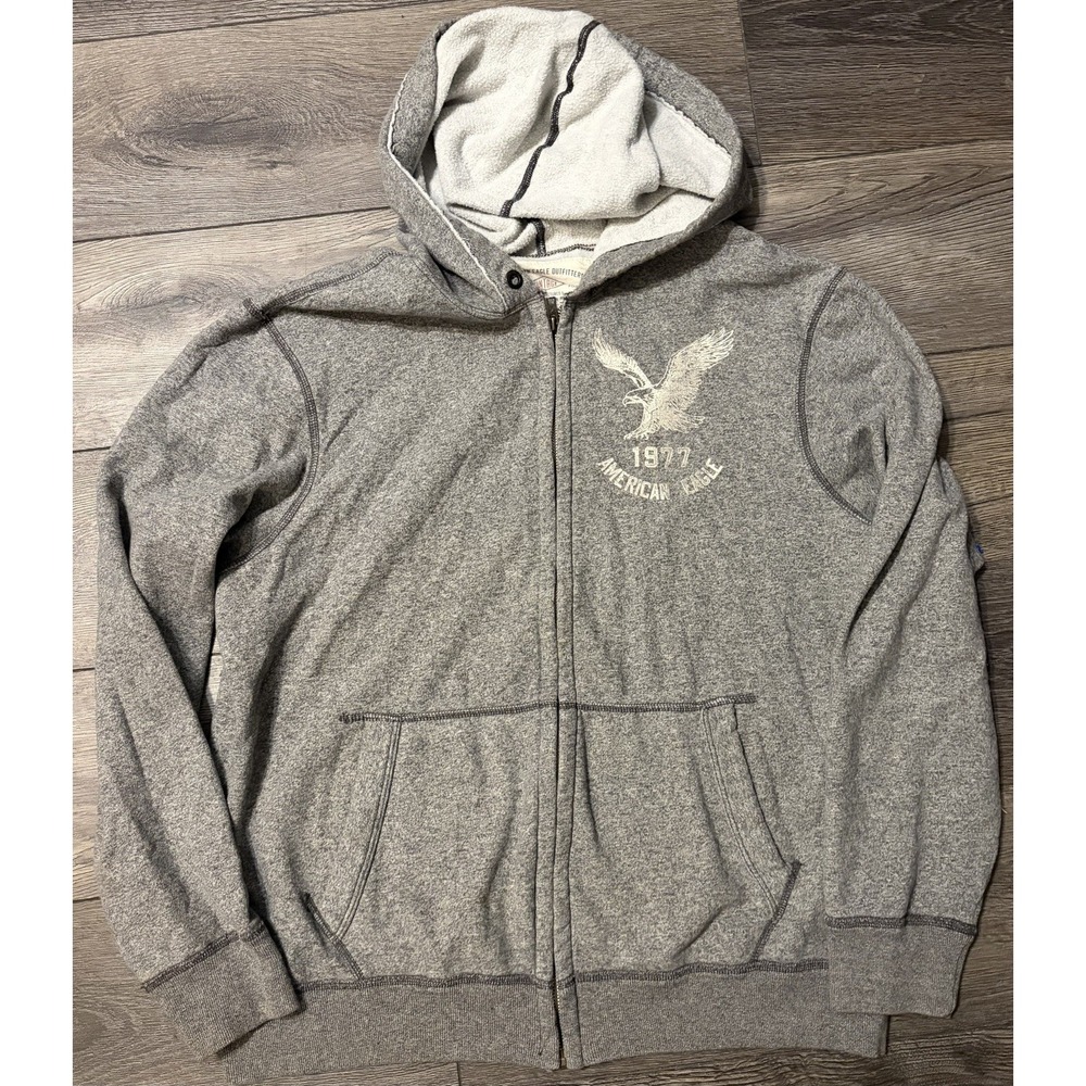 VTG American Eagle Jacket Men Large Grey Hoodie Full Zip Y2K Preppy Grunge Large